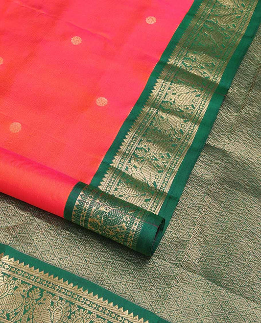Red buttas silk saree with contrast border of rukku, banaras, mayil design & geometric zari design pallu