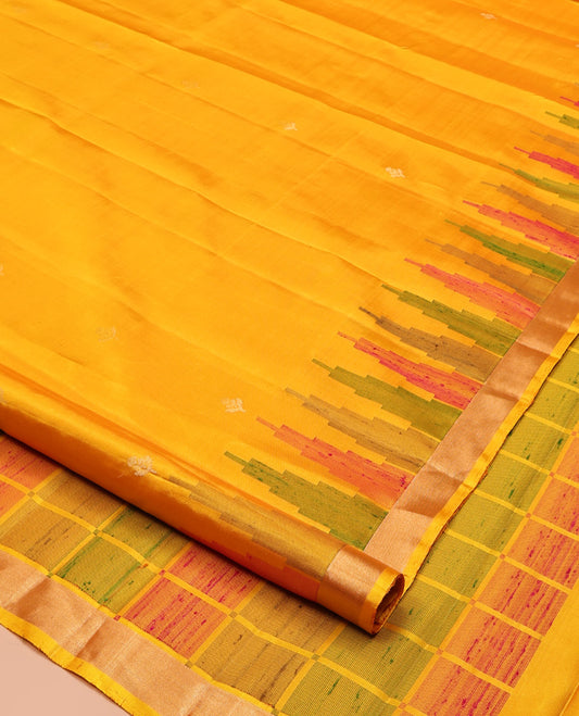 Yellow Mayuri Soft Silk Saree, Subtly Sparkled With Zari Buttas All Over Its Body, Complemented by Contrast Temple Zari Border, Checked Pallu, and Paired with a Matching Blouse