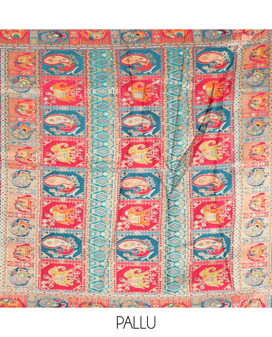 Pink Dola Silk Saree, Mesmerized with Colorful Motifs Printed on Its Body, Complemented by Contrast Peacock-Elephant Border, Pallu of Butta Enclosed Checked Print, and Paired with a Contrast Blouse