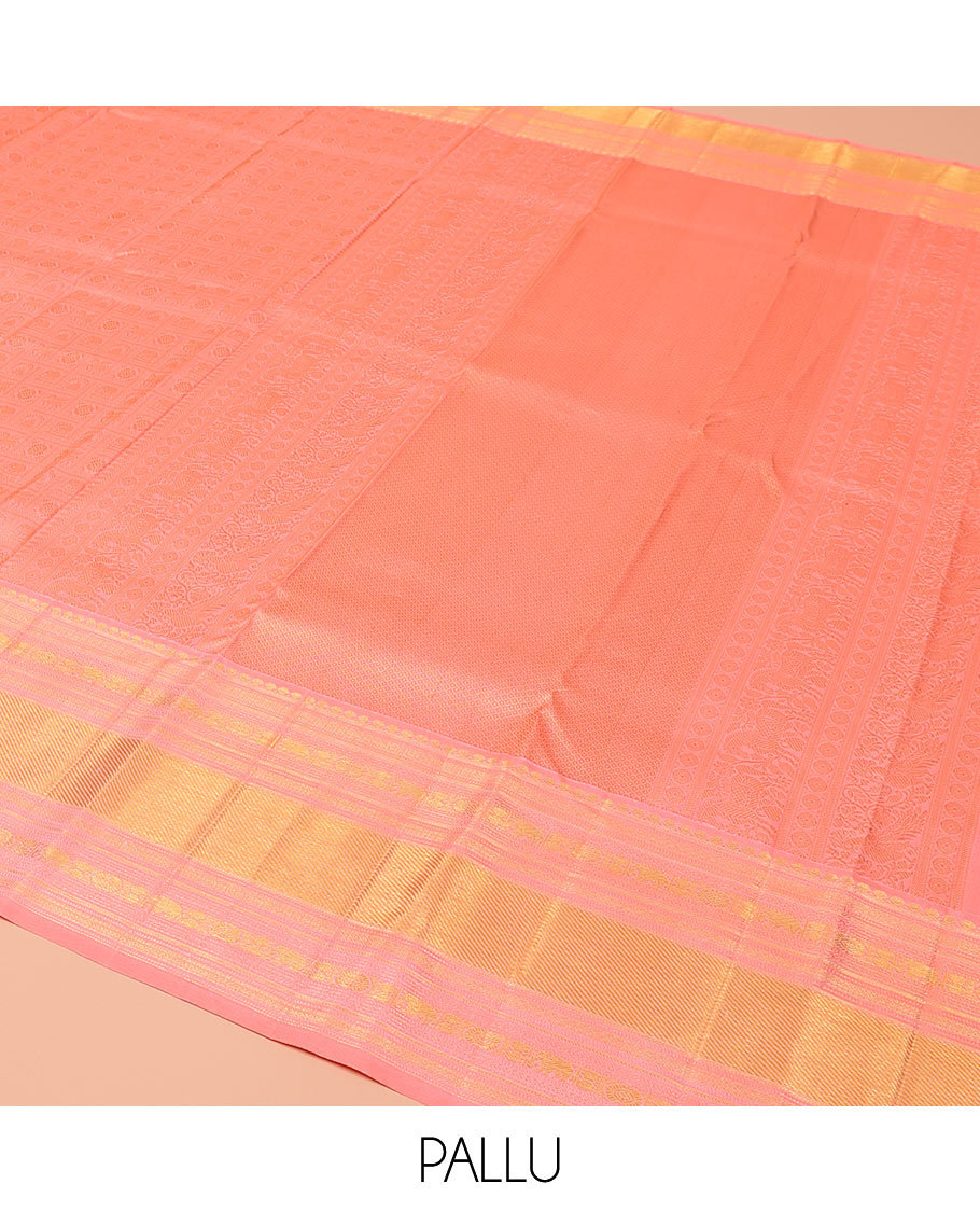 Pink Kanchipuram Wedding Silk Saree, Detailed with Jacquard Design on Its Body, Highlighted by Zari Border of Thilakam Mokku, Muthu, Mayil Kann, Yaanai, and Chakram Designs, Pallu of Mayil Kann Designs, and Paired with a Matching Blouse