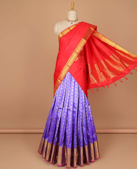 Blue floral buttas pure silk half saree with contrast zari border,  contrast zari design blouse & plain with zari border dhavani