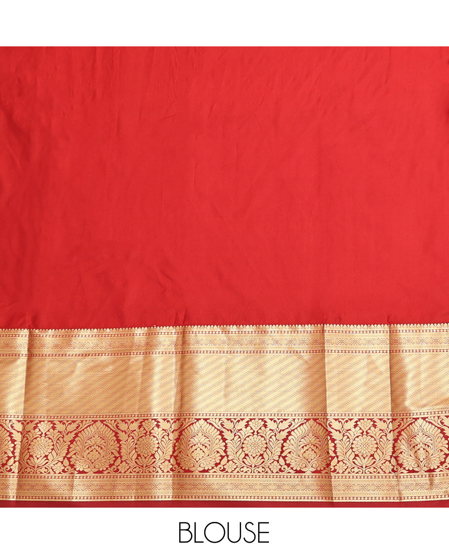 Green Art Silk Material Half Saree Set Featuring a Zari Buttas and Checked Skirt, a Contrast Traditional Zari Design Border, Contrast Blouse, and Zari Designs Dhavani