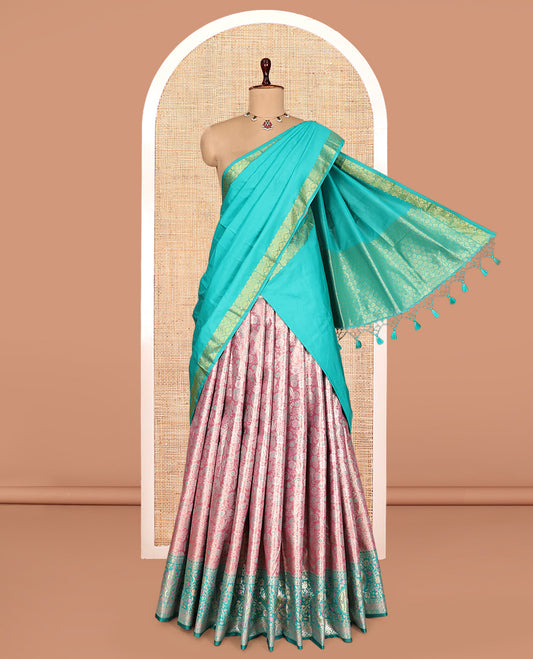 Pink Art Silk Half-Saree, Opulently Embellished with Jacquard Design, Contrast Intricate Motif Border, Paired with a Contrast Jacquard Blouse, and an Intricate Dhavani