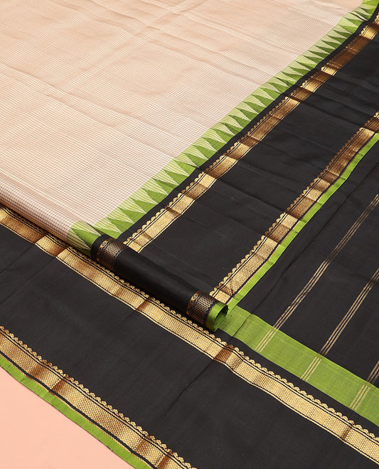 Sandal checked Kanchipuram silk saree, contrast thazampoo rekku rettai pettu border of salngai, banaras, and mayil kann, and zari striped pallu
