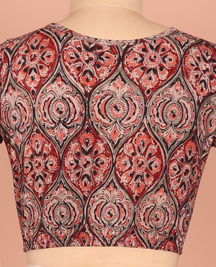 Light Red Cotton Readymade Blouse Decked Up with All-Over Ogee Patterns Print, Featuring a Front Round-Neck, a Closed Back Neck, and Elbow Sleeves