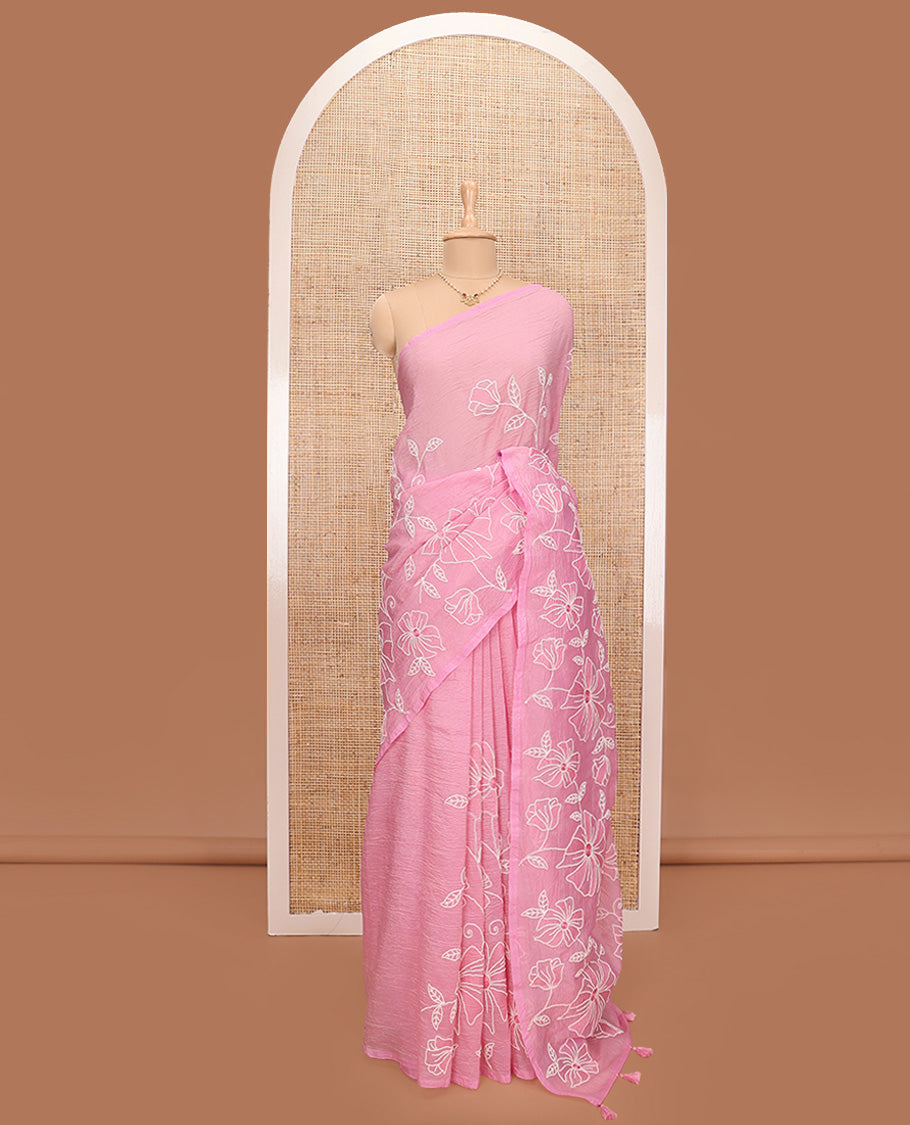 Borderless candy pink floral vine thread embroidered tissue saree, floral vine thread embroidered pallu