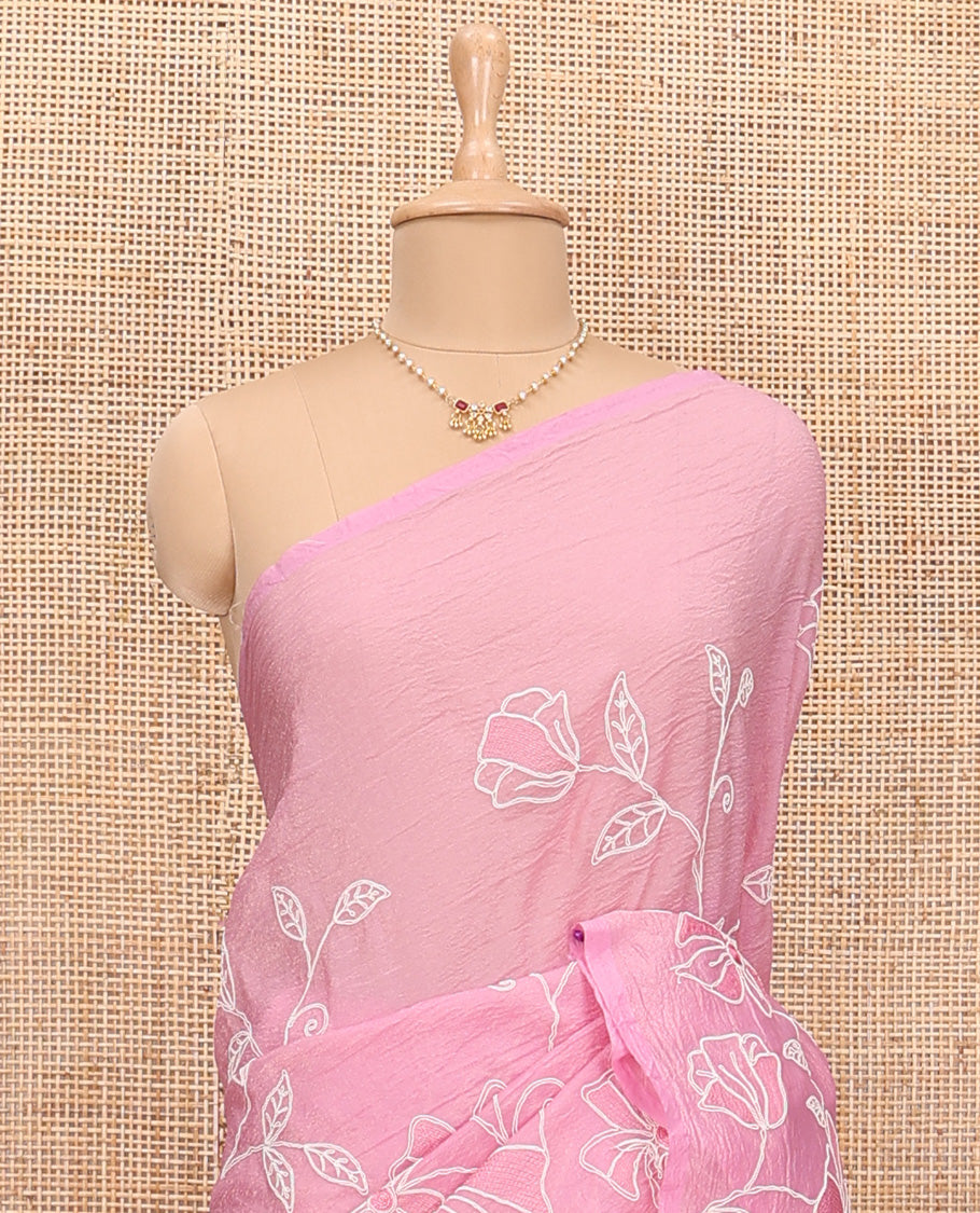Borderless candy pink floral vine thread embroidered tissue saree, floral vine thread embroidered pallu