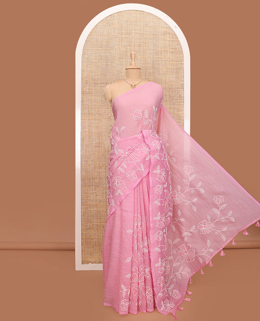 Borderless candy pink floral vine thread embroidered tissue saree, floral vine thread embroidered pallu