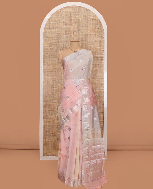 Multi-color floral meena buttas tussar saree, scallop floral design zari border, and floral jaal pallu