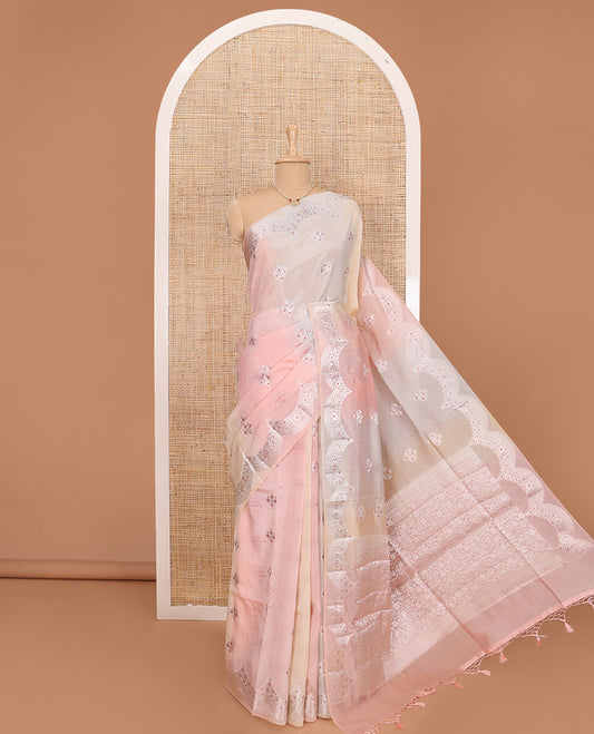 Multi-color floral meena buttas tussar saree, scallop floral design zari border, and floral jaal pallu