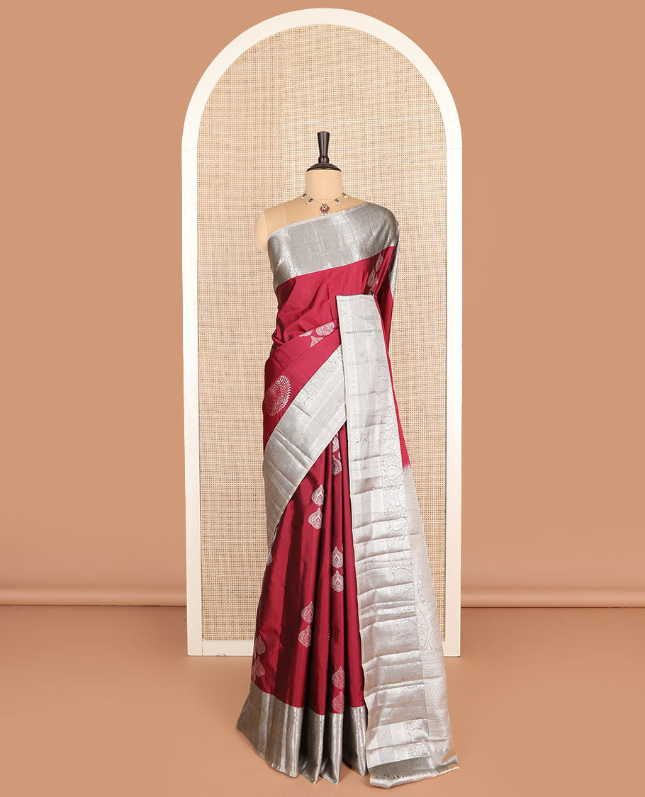 Maroon zari buttas budget silk saree, contrast traditional zari border, and pallu of jaal designs