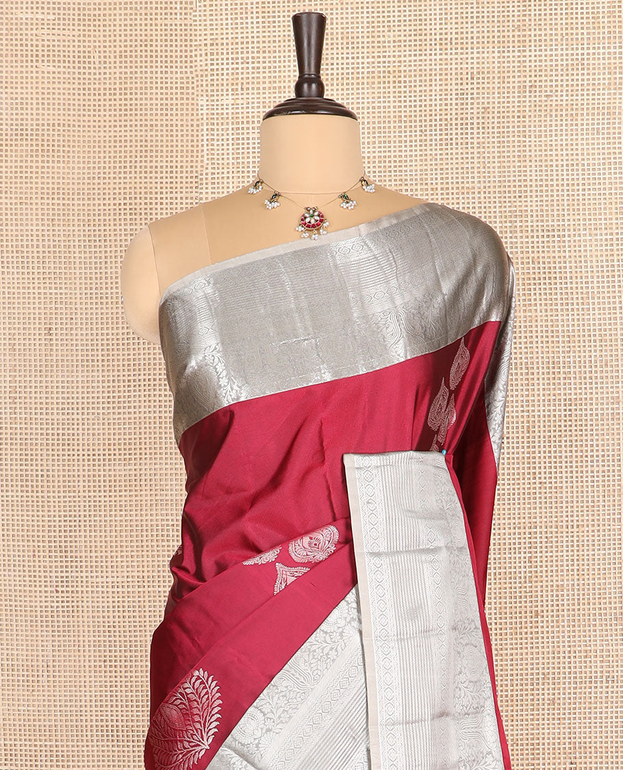 Maroon zari buttas budget silk saree, contrast traditional zari border, and pallu of jaal designs