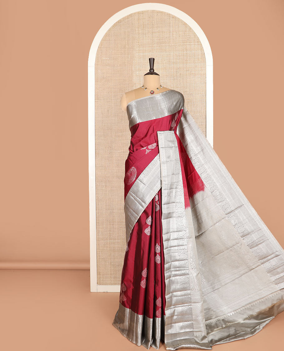 Maroon zari buttas budget silk saree, contrast traditional zari border, and pallu of jaal designs