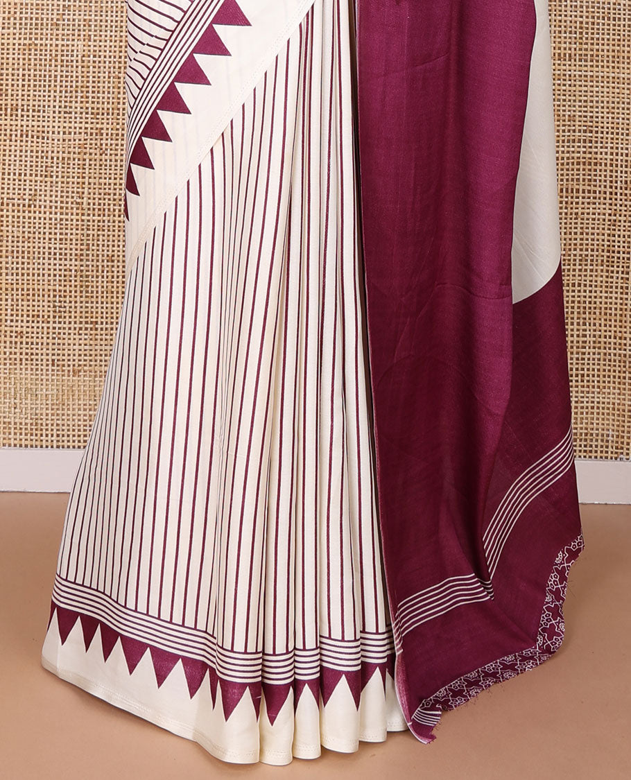White with purple vertical lining printed design semi modal crepe saree with temple border & circle butta pallu along with printed blouse