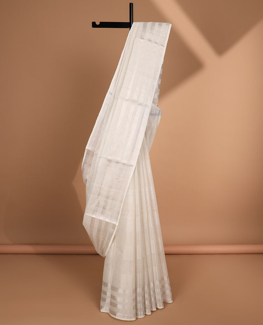 Borderless striped kasavu saree with silver zari striped pallu