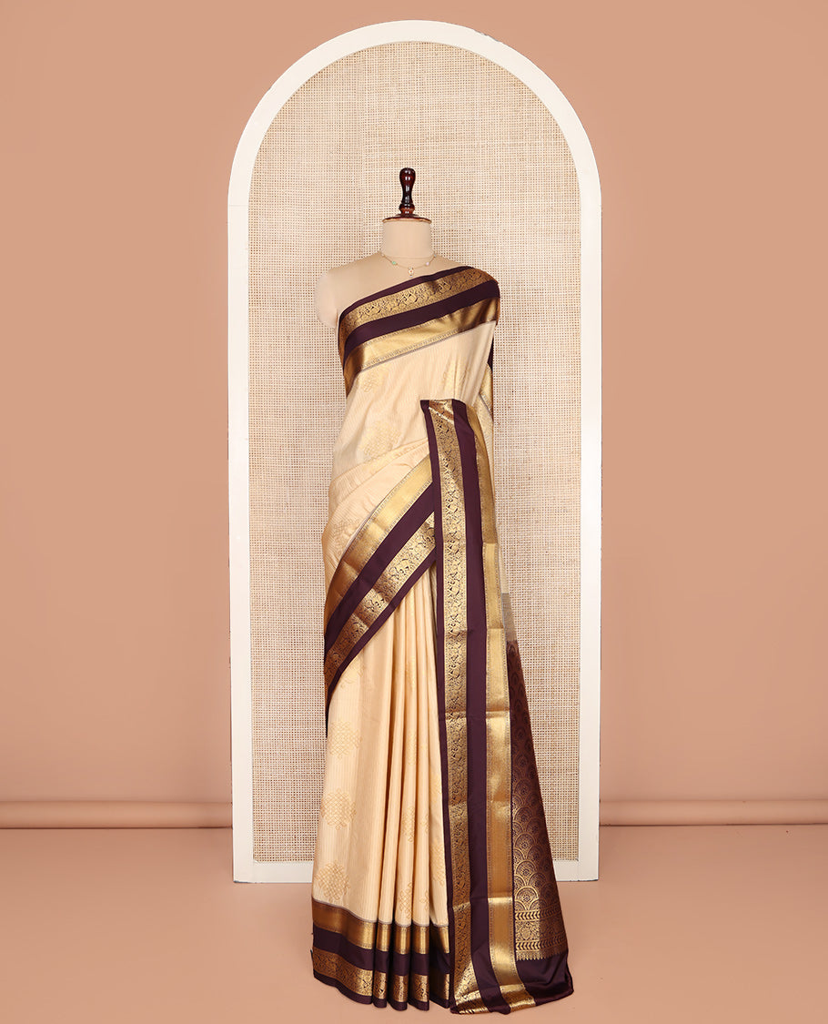 Sandal Budget Silk Saree, Embellished with Zari Stripes and Kolam Buttas All Over Its Body, Complemented by a Contrast Traditional Zari Design Rettai Pettu Border, Grand Scallop Design Pallu, and Paired with a Contrast Blouse