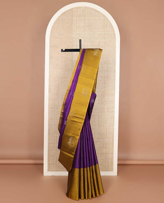 Purple Annam chakram buttas silk mix saree, contrast zari buttas border & pallu of kodi visiry & jaal designs