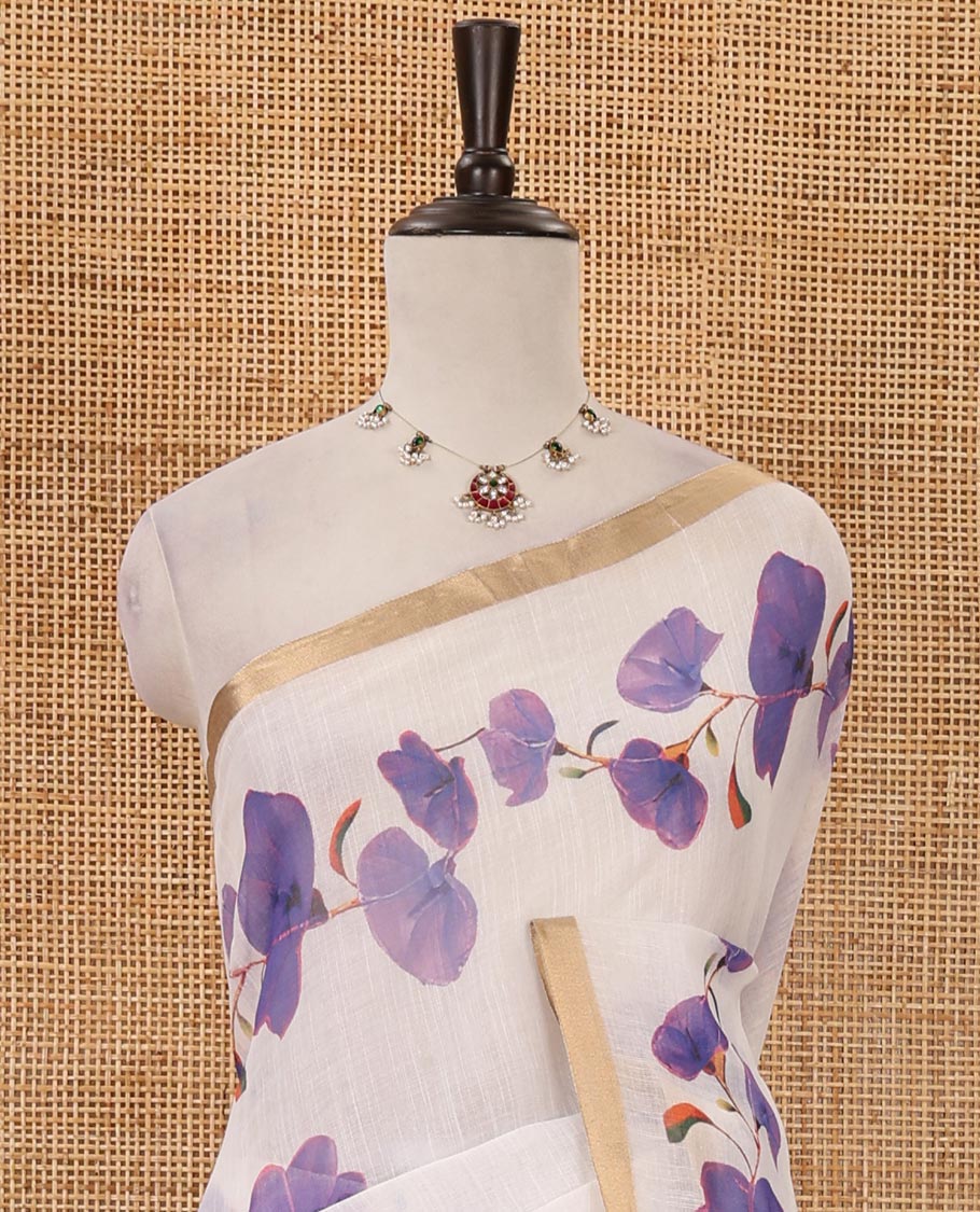 White-base violet color floral creeper printed linen saree, zari piping border, floral creeper print pallu & floral print blouse