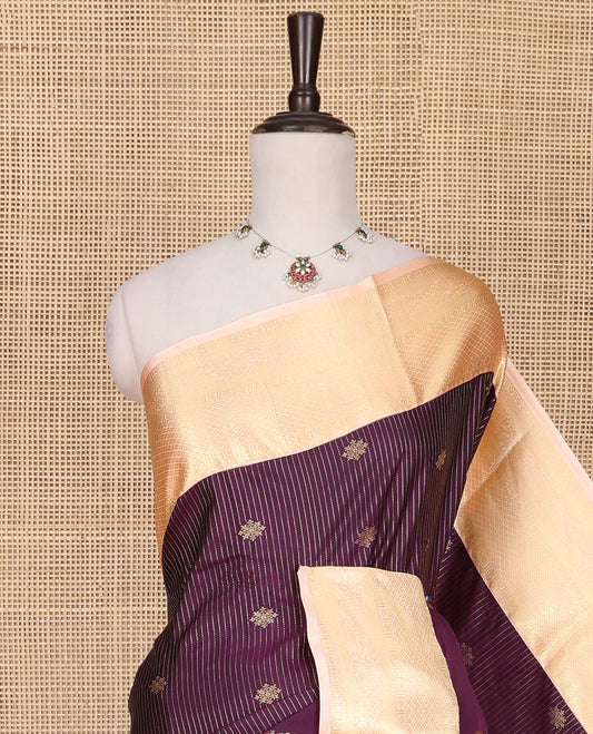 Purple Budget Silk Saree, Highlighted with Zari Buttas and Zari Stripes All Over Its Body, Complemented by a Contrast Traditional Zari Design Border, Subtly Sparkled Pallu, and Paired with a Contrast Blouse