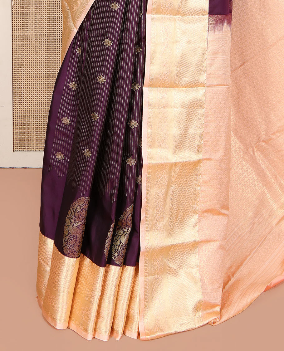 Purple Budget Silk Saree, Highlighted with Zari Buttas and Zari Stripes All Over Its Body, Complemented by a Contrast Traditional Zari Design Border, Subtly Sparkled Pallu, and Paired with a Contrast Blouse