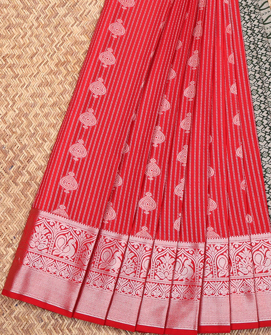 Red Budget Silk Saree, Impeccably Styled with Zari Buttas All Over Its Body, Highlighted by Traditional Zari Design Border, Complemented by Contrast Intricately Designed Pallu, and Paired with a Contrast Blouse