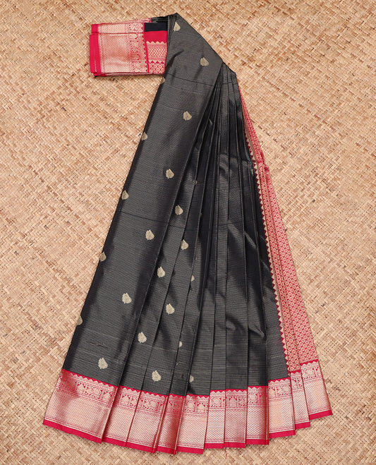 Black Budget Silk Saree, Decorated with Zari Buttas and Stripes, Complemented by a Contrast Traditional Zari Border, Jaal Pallu, and a Contrast Blouse