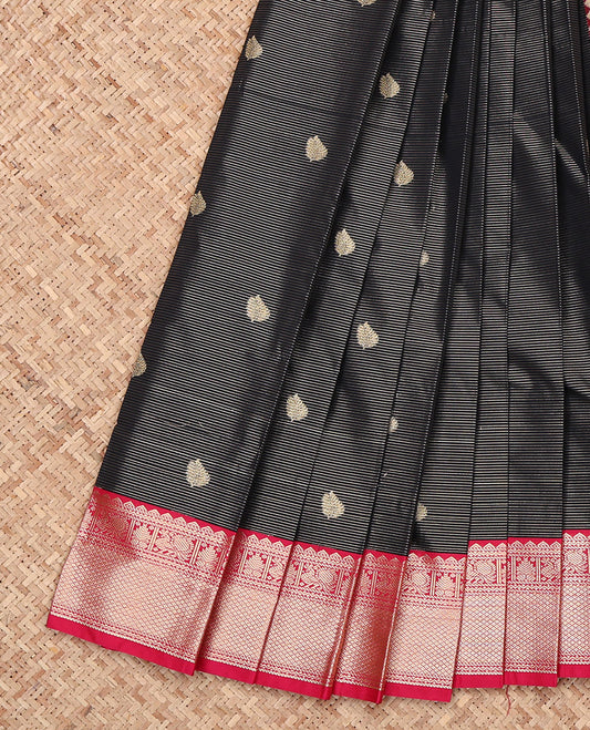 Black Budget Silk Saree, Decorated with Zari Buttas and Stripes, Complemented by a Contrast Traditional Zari Border, Jaal Pallu, and a Contrast Blouse