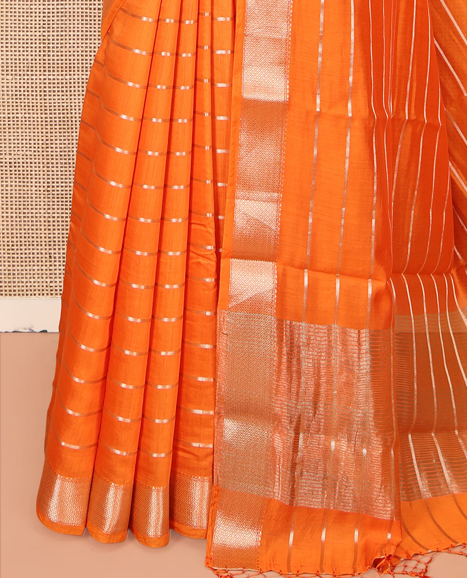 Orange Zari Striped Assam Silk Saree, Highlighted by a Traditional Zari Border, Zari-Striped Pallu, and a Matching Blouse