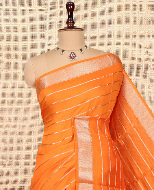 Orange Zari Striped Assam Silk Saree, Highlighted by a Traditional Zari Border, Zari-Striped Pallu, and a Matching Blouse