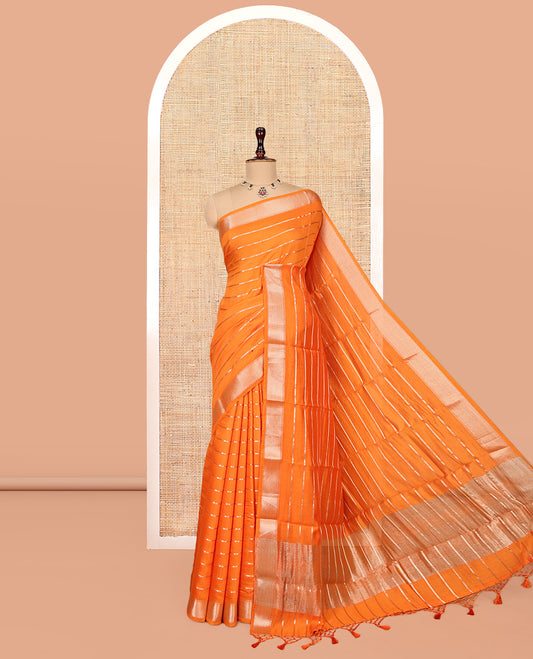 Orange Zari Striped Assam Silk Saree, Highlighted by a Traditional Zari Border, Zari-Striped Pallu, and a Matching Blouse