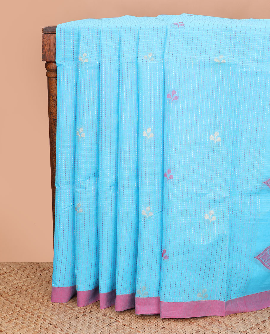Blue striped and leaf motifs coimbatore cotton saree, contrast plain border and of intricate motifs