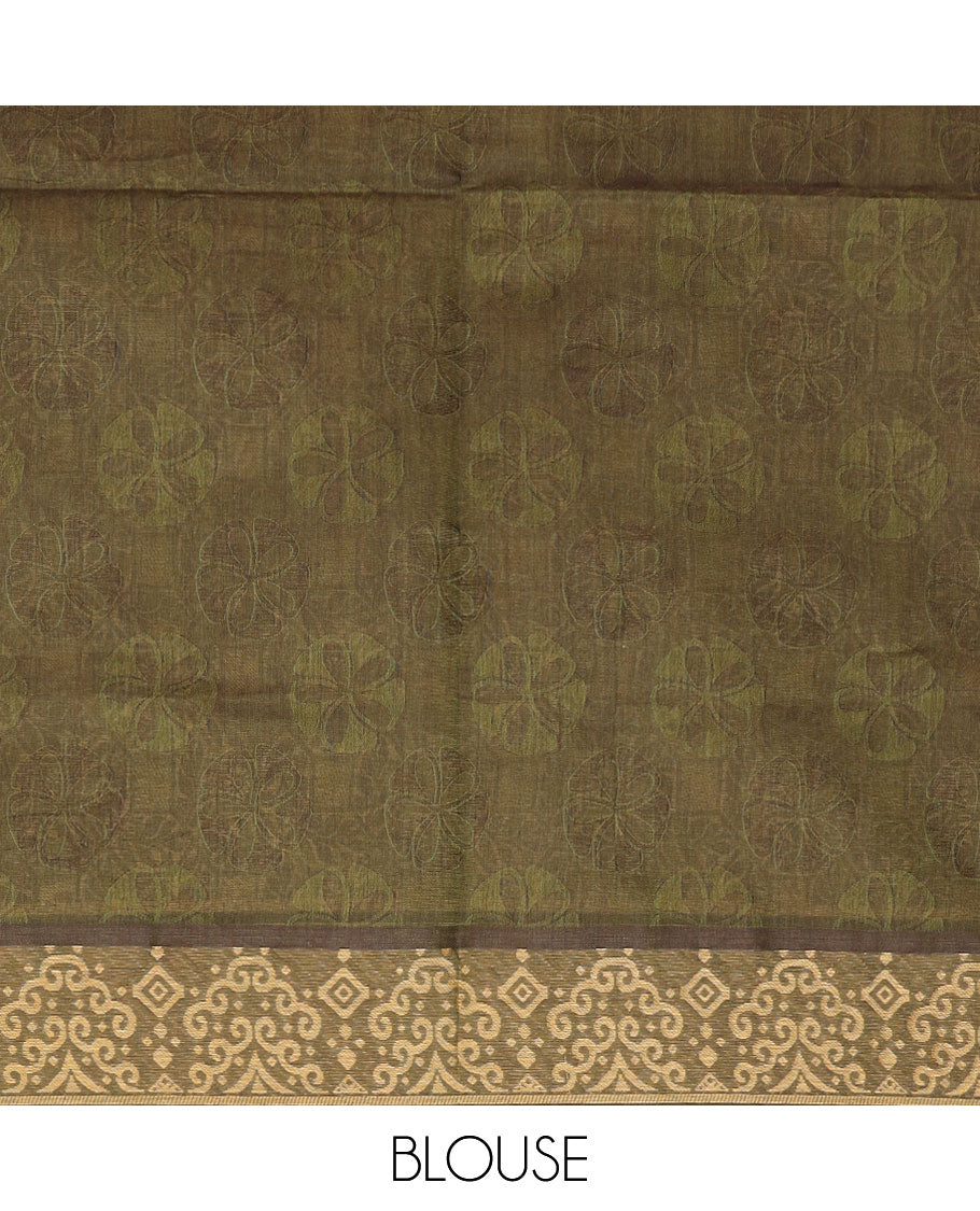 Chocolate brown plain Coimbatore cotton saree, unique design border & contrast jaal design pallu