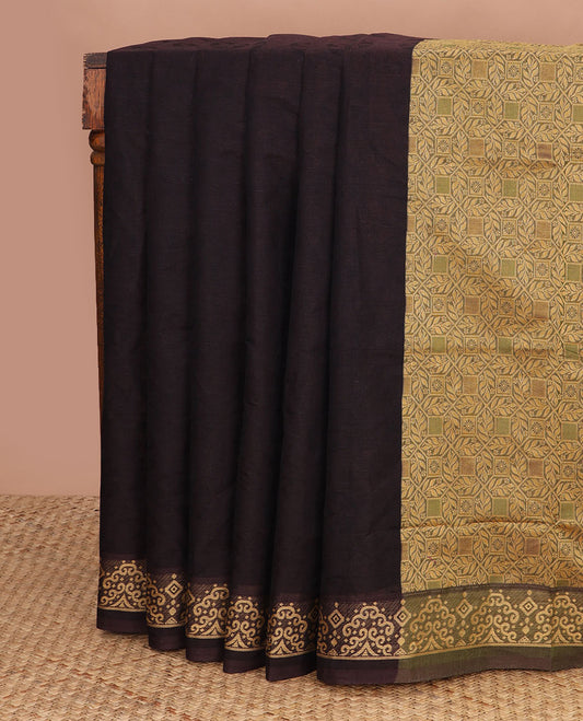 Chocolate brown plain Coimbatore cotton saree, unique design border & contrast jaal design pallu
