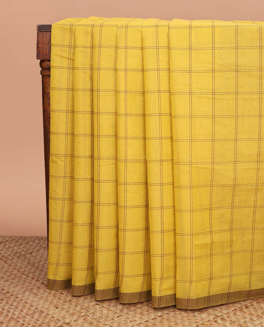Mustard checked  Mangalagiri cotton saree, contrast striped border, striped pallu, and a contrast kalamkari floral printed blouse