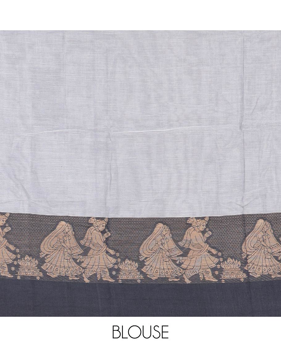 Grey plain Narayanpet cotton saree, contrast wedding theme birdgroom motifs woven border, and striped pallu