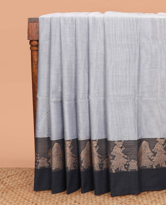 Grey plain Narayanpet cotton saree, contrast wedding theme birdgroom motifs woven border, and striped pallu