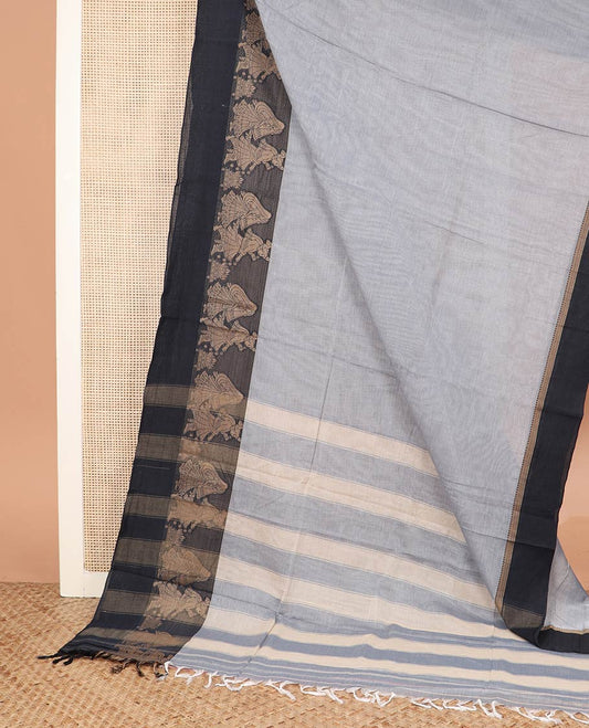 Grey plain Narayanpet cotton saree, contrast wedding theme birdgroom motifs woven border, and striped pallu
