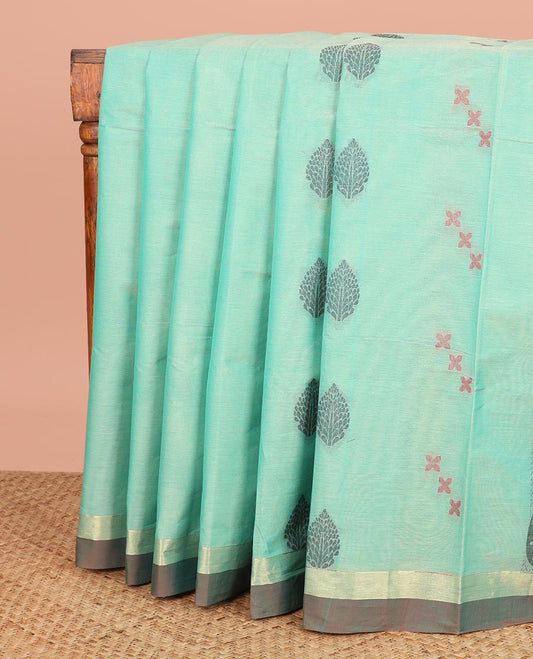 Blue Coimbatore Cotton Saree Woven with Buttas All Over Its Body, Complemented by Contrast Border, Pallu Depicts Paisley-Floral Designs, and Is Paired with a Matching Blouse