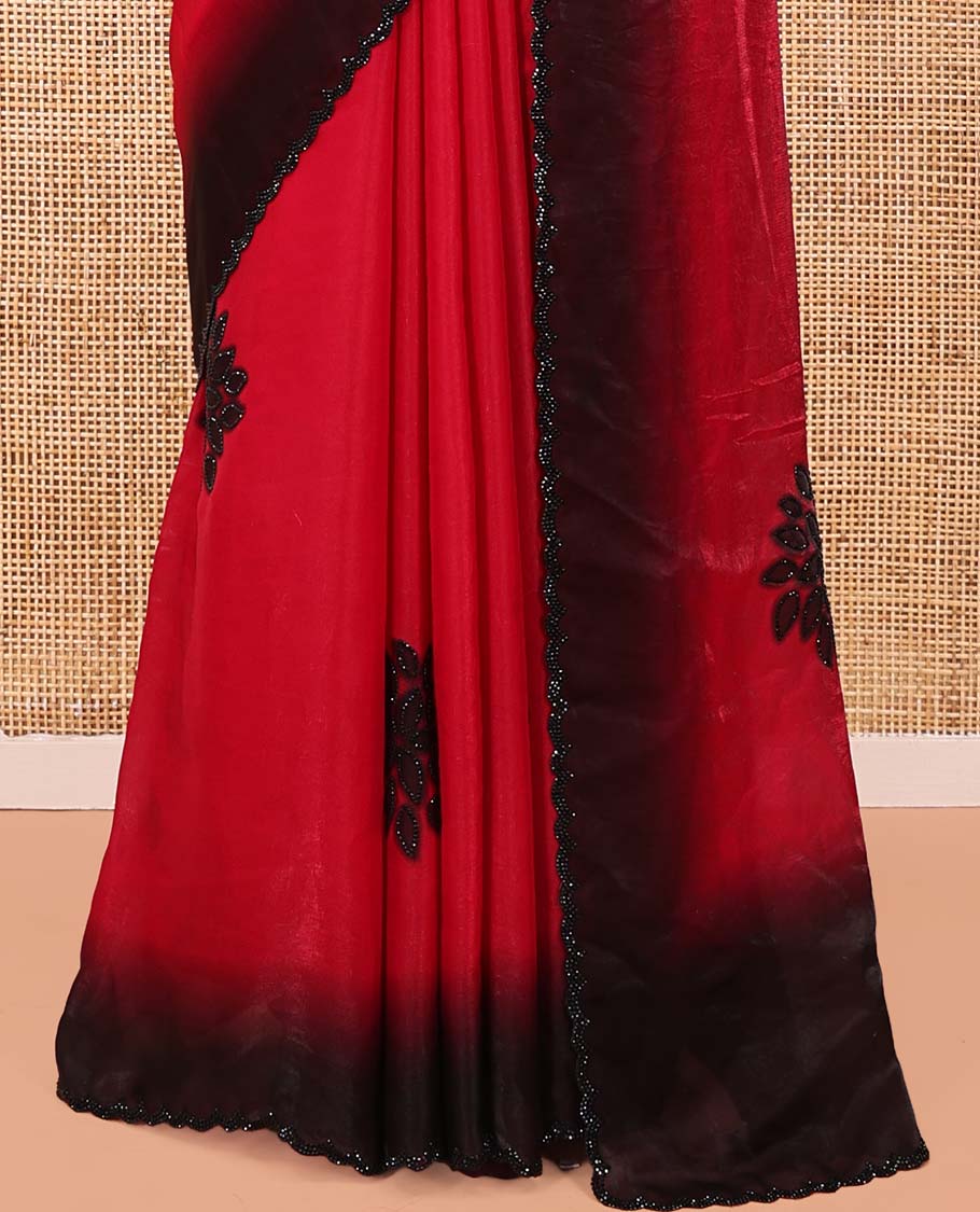 Red Designer Saree, Accentuated with Floral Print and Outline Stone Work All Over Its Body, Scallop Embroidered Border, and Paired with a Matching Blouse