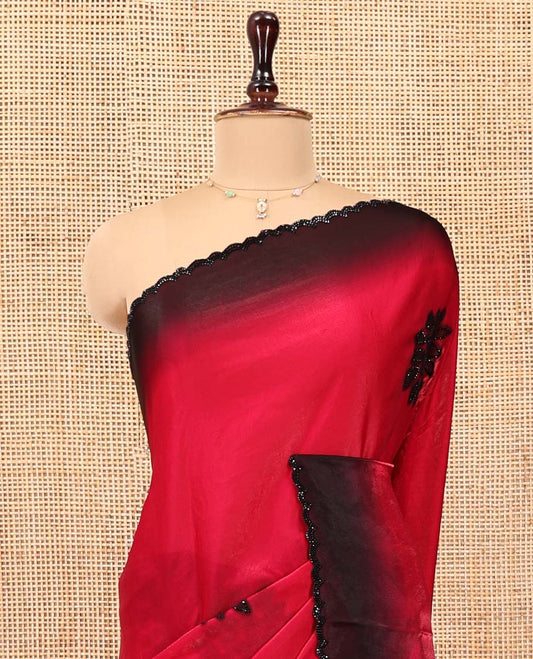Red Designer Saree, Accentuated with Floral Print and Outline Stone Work All Over Its Body, Scallop Embroidered Border, and Paired with a Matching Blouse