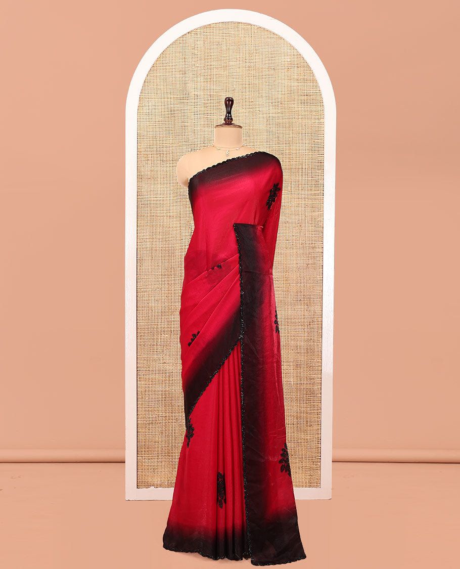 Red Designer Saree, Accentuated with Floral Print and Outline Stone Work All Over Its Body, Scallop Embroidered Border, and Paired with a Matching Blouse