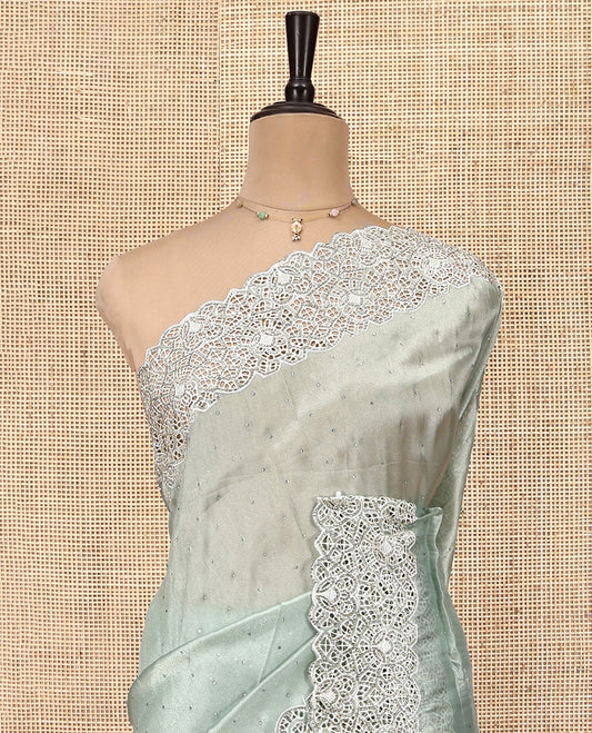 Pale Green Designer Saree, Decorated with Stonework, Scallop-Cut Work Border, Self Pallu, and Matching Blouse