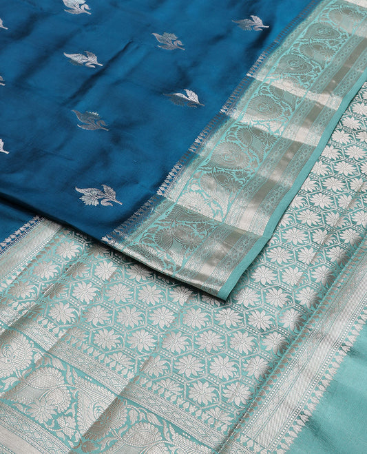 Blue floral motifs raw mango silk saree with contrast zari design border & floral design pallu