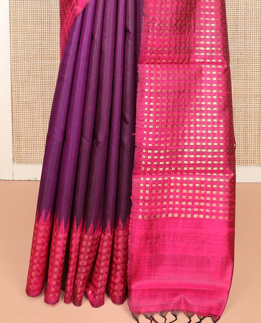 Purple Dupion Silk Saree, Complemented by Contrast Temple Border of Dobby-Style Buttas, Pallu Steeped with Dobby-Style Buttas, and Paired with a Contrast Blouse