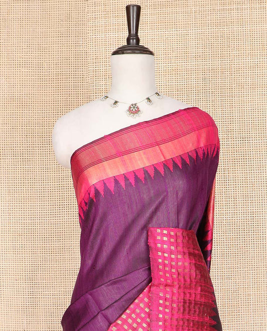 Purple Dupion Silk Saree, Complemented by Contrast Temple Border of Dobby-Style Buttas, Pallu Steeped with Dobby-Style Buttas, and Paired with a Contrast Blouse