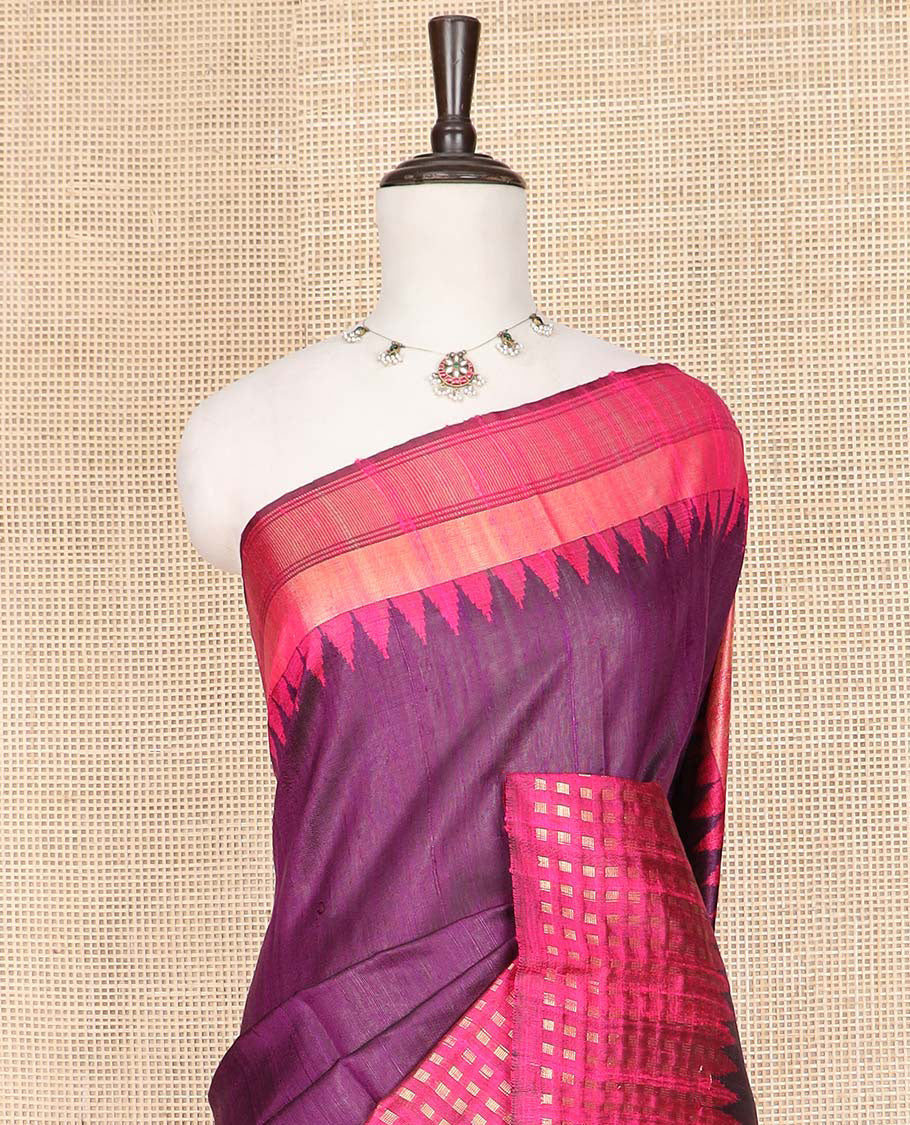 Purple Dupion Silk Saree, Complemented by Contrast Temple Border of Dobby-Style Buttas, Pallu Steeped with Dobby-Style Buttas, and Paired with a Contrast Blouse