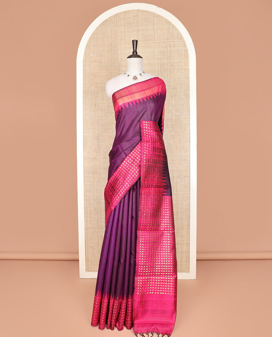 Purple Dupion Silk Saree, Complemented by Contrast Temple Border of Dobby-Style Buttas, Pallu Steeped with Dobby-Style Buttas, and Paired with a Contrast Blouse