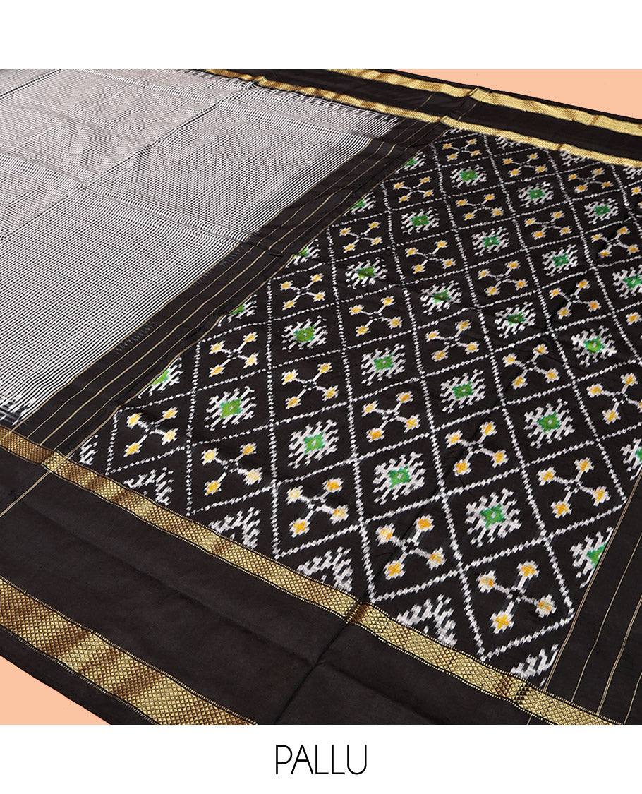 Black-White Micro-Checked Pochampally Ikat Silk Saree, Complemented by a Contrast Zari Cuckoo Bird-Eye Border, Ikat Jaal Pallu, and a Contrast Blouse