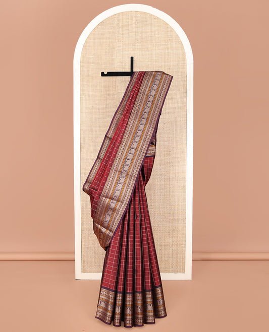 Red Kanchipuram Silk Saree, Bedecked with Checked Design on Its Body, Complemented by a Contrast Border of Rekku, Neli, Rudraksham, and Bird Designs, Pallu Depicts Flying Horse Motifs, and Paired with a Contrast Blouse
