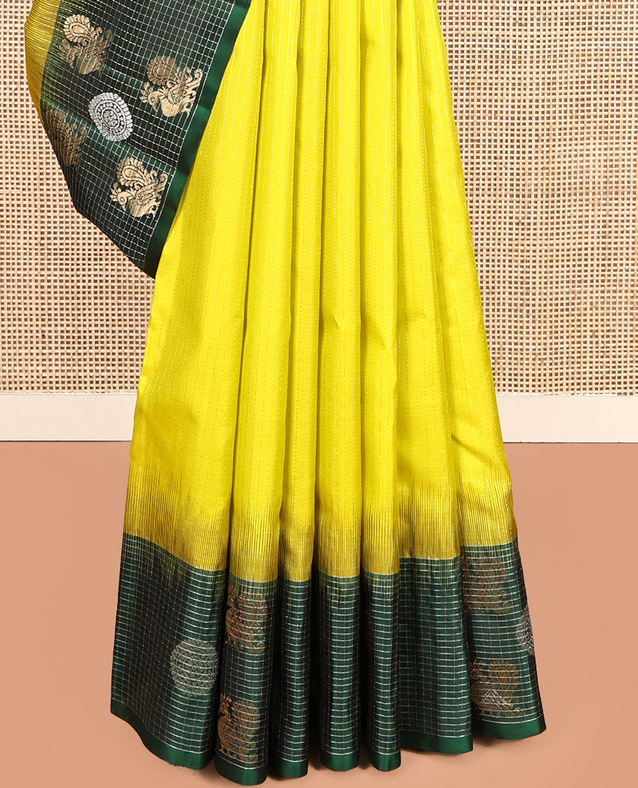 Yellow Kanchipuram Silk Saree, Sparsely Woven with Vaira Oosi Stripes, Complemented by a Contrast Checked Mayil-Chakram Border, Vanki Pallu, and a Contrast Blouse